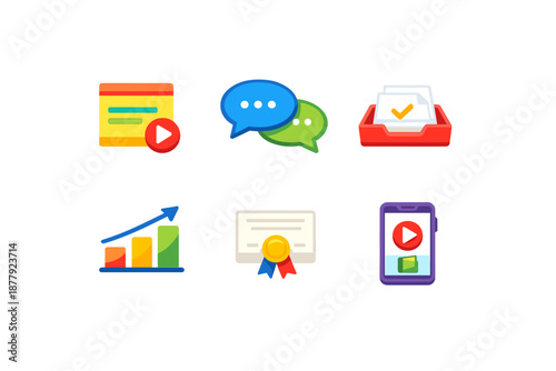 Set of six modern flat icons representing digital services