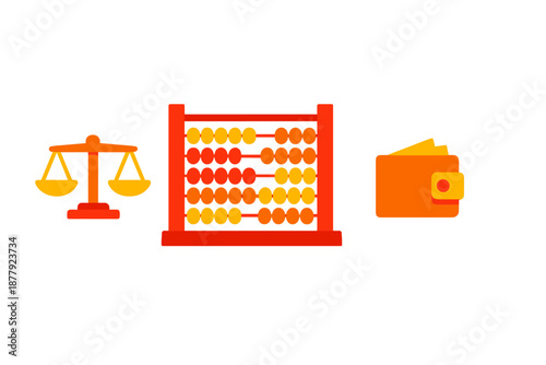 Finance icons: scales, abacus, and wallet with glowing effect