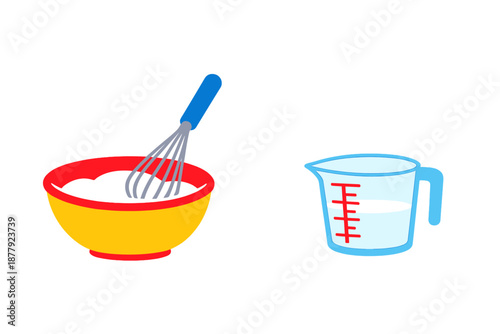 Whisk in a bowl and measuring cup glowing in neon light
