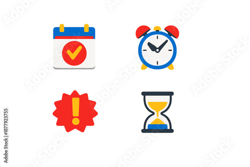 Four icons: calendar, alarm clock, exclamation mark, hourglass