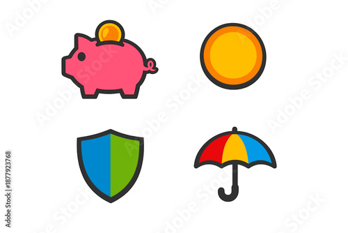 Four icons: piggy bank, coin, shield, and umbrella