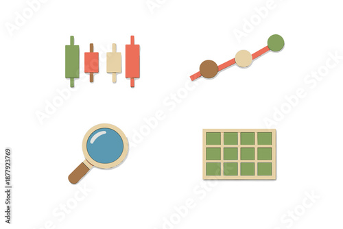 Financial data visualization icons: Candlestick chart, Gauge
