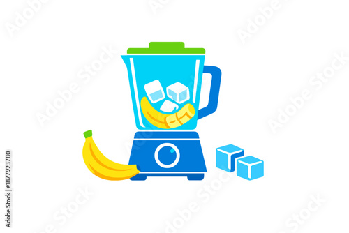 Blender with banana, ice cubes and ice cubes