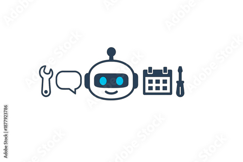 Robot with icons for tools, chat, calendar, and maintenance