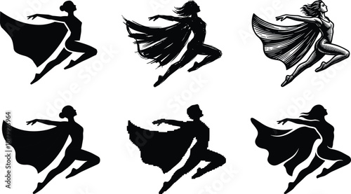 Superhero woman silhouette vector set, female hero flying or jumping pose with cape, dynamic comic style action artwork collection