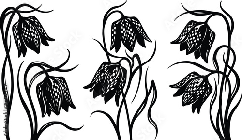 Stylized snake’s head fritillary floral silhouettes with drooping petals and curled stems, botanical vector illustration for decals, tattoos, wall art, decorative design