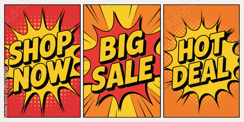 Three vibrant comic-style sale banners with bold yellow text on red and orange backgrounds