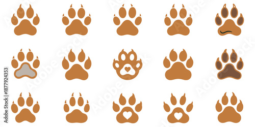 Animal paw print silhouette collection, big cat tracks, creative vector set, unique wildlife design illustration.	