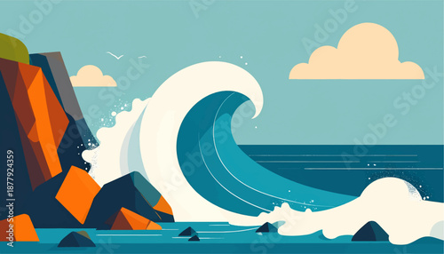 Crashing wave on rocky shore under a pastel sky with clouds and birds