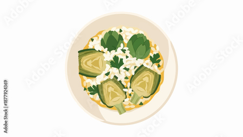 Creamy risotto dish topped with halved artichokes and fresh green herbs