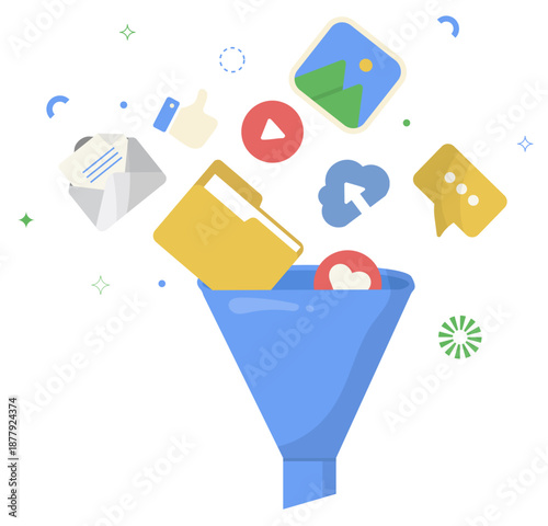 Digital Cleanup Funnel Isolated on Transparent Background. funnel filtering files, emails, images, videos, and cloud data. Web design, and digital organization content. Vector illustration