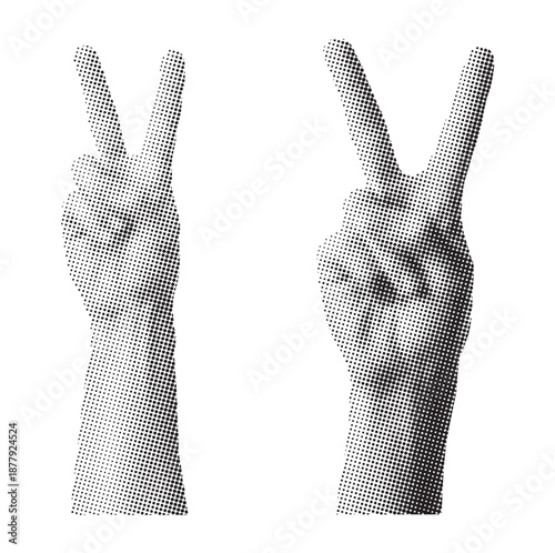 Two hands making peace signs with fingers, a symbol of harmony, from different angles, rendered in halftone, showcasing creative gesture, against a plain backdrop, from a straightforward perspective