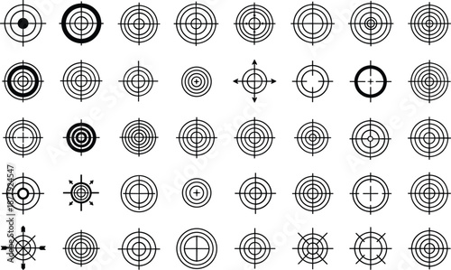 black circular crosshair and target symbols with concentric lines and arrows, representing aiming, precision, interface design, and visual communication
