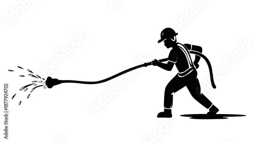 Heroic silhouette of a firefighter holding a water hose, emergency rescue service, bravery concept.