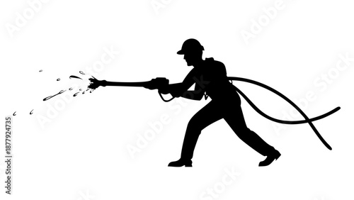 Heroic silhouette of a firefighter holding a water hose, emergency rescue service, bravery concept.
