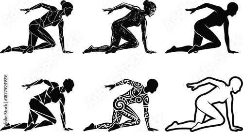 Woman silhouette vector set in kneeling pose, abstract geometric, tribal and sketch style crawling positions, fitness and movement artwork