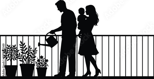 Young family watering plants on balcony silhouette, love, care, parenting, urban gardening lifestyle, togetherness concept, black white vector illustration