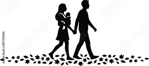 Young family walking together with baby silhouette, love, care, parenting journey, togetherness, peaceful life concept, black white vector illustration