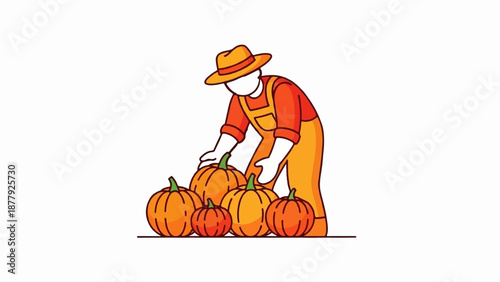Farmer in overalls and hat tending to a collection of pumpkins