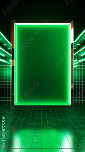 Futuristic Green Neon Frame in Cyberpunk Grid Room - Abstract Digital Display Background for Technology, Gaming, and Virtual Concepts