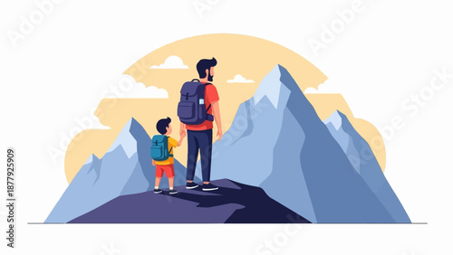 Father and son backpackers gaze at majestic mountains under a soft sun