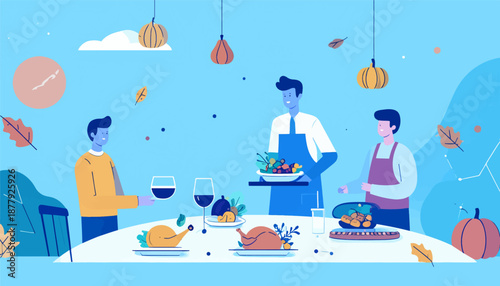 Festive meal with roasted poultry, side dishes, and wine, served by people in aprons