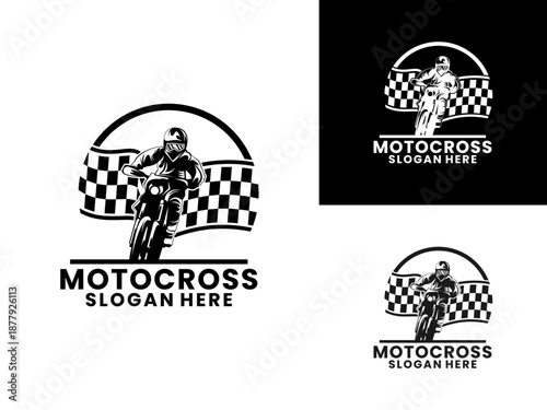 Motocross with flag start logo design vector template. Motocross sport logo design vector.