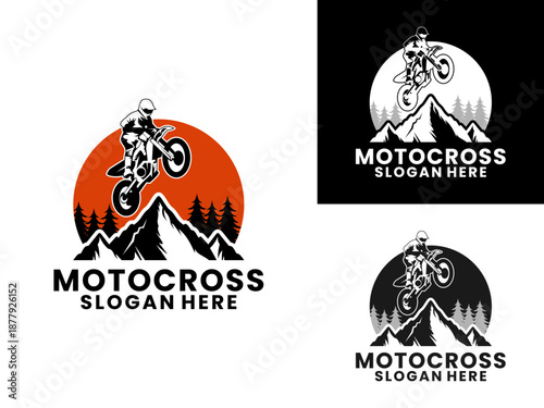 Motocross jumping with circle and mountain logo design vector template, Motocross logo vector.