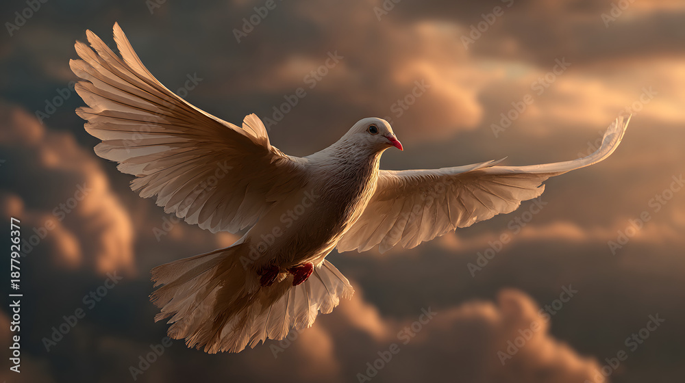 Obraz premium A white dove flying in the sky. The sky is cloudy and the sun is shining through the clouds