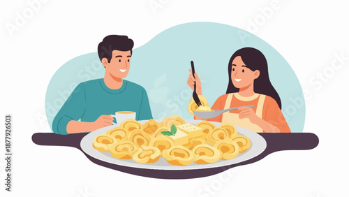 Couple happily enjoying a large plate of pasta with butter and a drink