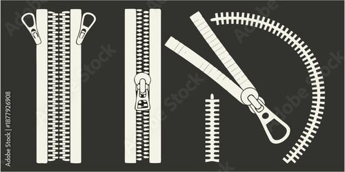 A collection of seven different zipper designs isolated on a solid black background. The zippers are rendered in a grayscale, almost monochromatic palette, using varying shades of gray to create depth