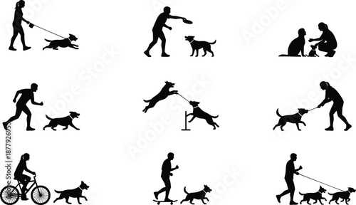People with dogs silhouettes showing walking, training, playing, running, and cycling activities isolated on white background for lifestyle concepts