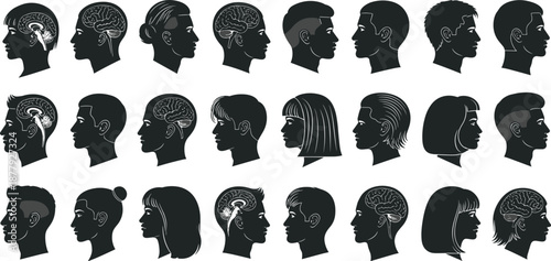human head silhouettes with brain and neural diagrams, representing cognition, anatomy, diversity, and educational design for psychology, neuroscience, and creativity