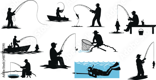 Fishing activity silhouettes, shore, boat, ice, scuba diver, net, rod, fish, cad drawing flat vector illustration, black and white outdoor theme