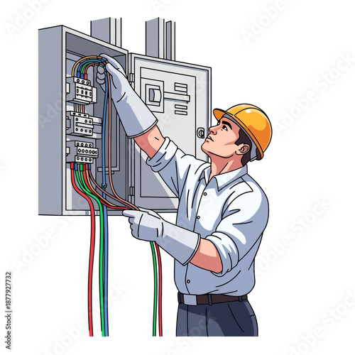 Electrician working on electrical panel with colorful wires