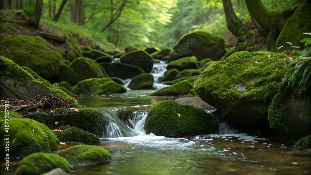 Fototapeta premium Small forest stream with mossy stones