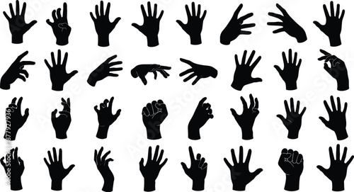 black hand silhouettes showing diverse gestures and positions, representing communication, anatomy, expression, and non-verbal interaction for design and educational use