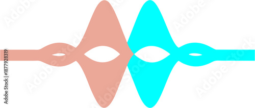 Symmetrical sound wave illustration with red and blue mirrored signals and central eye-shaped voids, ideal for audio analysis visuals, communication graphics, and abstract tech-themed designs.