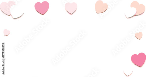 A delightful scattering of pastel pink and peach heart shapes against a clean white backdrop, perfect for romantic themes and celebrations