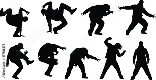 Hip hop dance silhouette set, breakdance poses, street style movement, urban energy, cad drawing flat vector illustration, black white dynamic figures