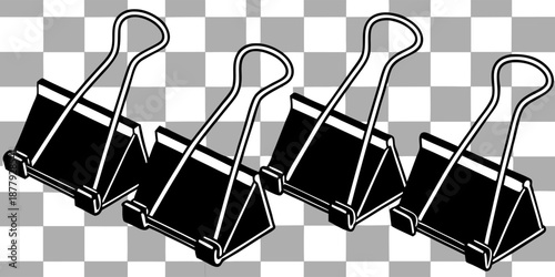 A collection of six binder clips arranged in various orientations against a transparent, checkered background. The binder clips are the primary subject, each featuring a matte black body with metallic