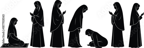 Islamic prayer positions, Muslim woman silhouette, Salah movements, worship postures, religious ritual, cad drawing flat vector illustration, educational spiritual concept