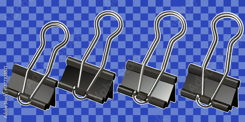 A collection of six binder clips arranged in various orientations against a transparent, checkered background. The binder clips are the primary subject, each featuring a matte black body with metallic