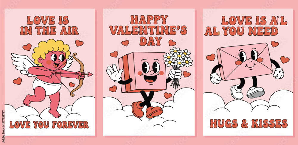 Obraz premium Three delightful retro cartoon Valentine's Day cards featuring whimsical Cupid, a joyful gift, and a charming love letter character, celebrating affection and romantic sentiments