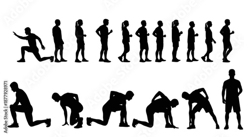 Vector silhouettes of a diverse group including a business team, a family with a child and baby, and people in sport action or walking as a black art illustration of human body motion