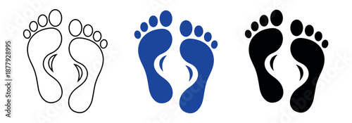 Human footprints set in outline, blue, and black styles. Symmetrical pair of feet soles showing arch and toes.