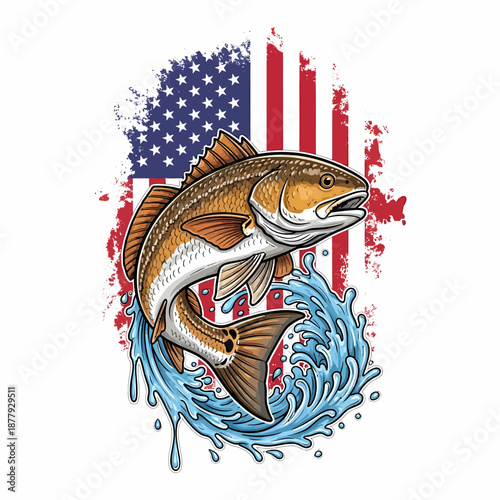 Red drum fish jumping with splashing water and American flag background