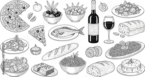 vector illustration of black-and-white Mediterranean food icons including pizza, pasta, wine, fish, and desserts for culinary design