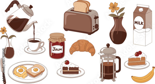 vector illustration of breakfast items including coffee, toast, eggs, milk, jam, and cake for morning food design