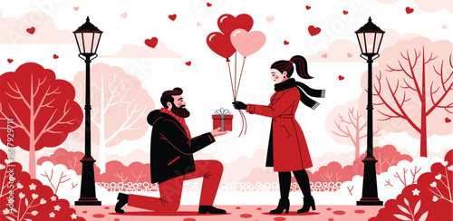 Romantic proposal scene in a stylized park setting with a loving couple exchanging gifts and balloons under a shower of hearts, symbolizing affection and commitment